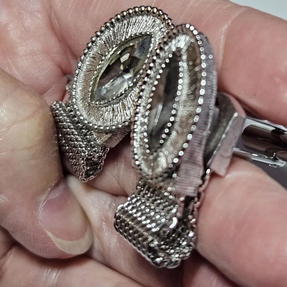 *Sale* Vintage Swank Clear Marquise Shape Rhine Wrap Mesh Silver Tone Cuff Links